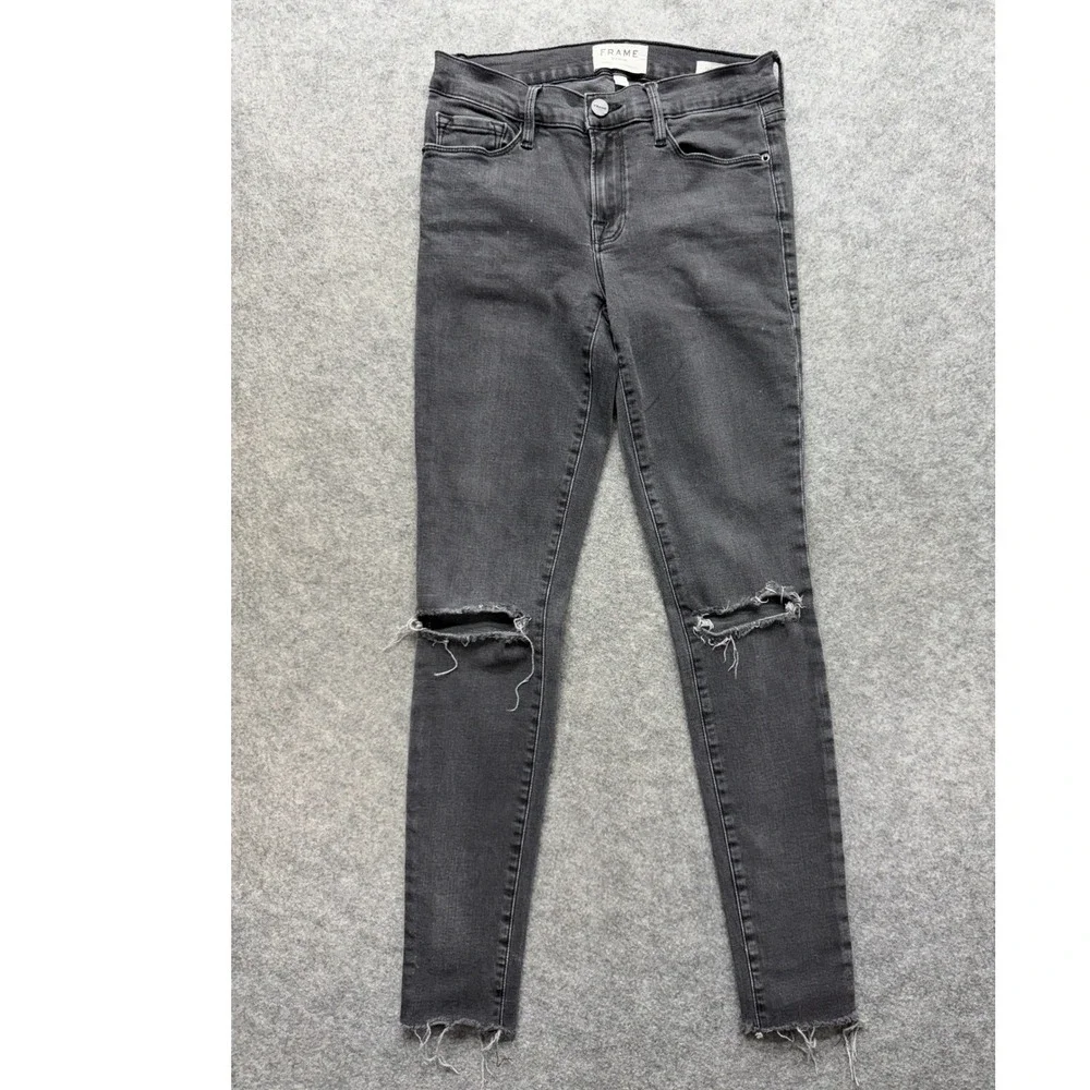 Frame Denim Le Skinny de Jeanne Jeans 27 Charcoal Gray Distressed Knee Raw Hem